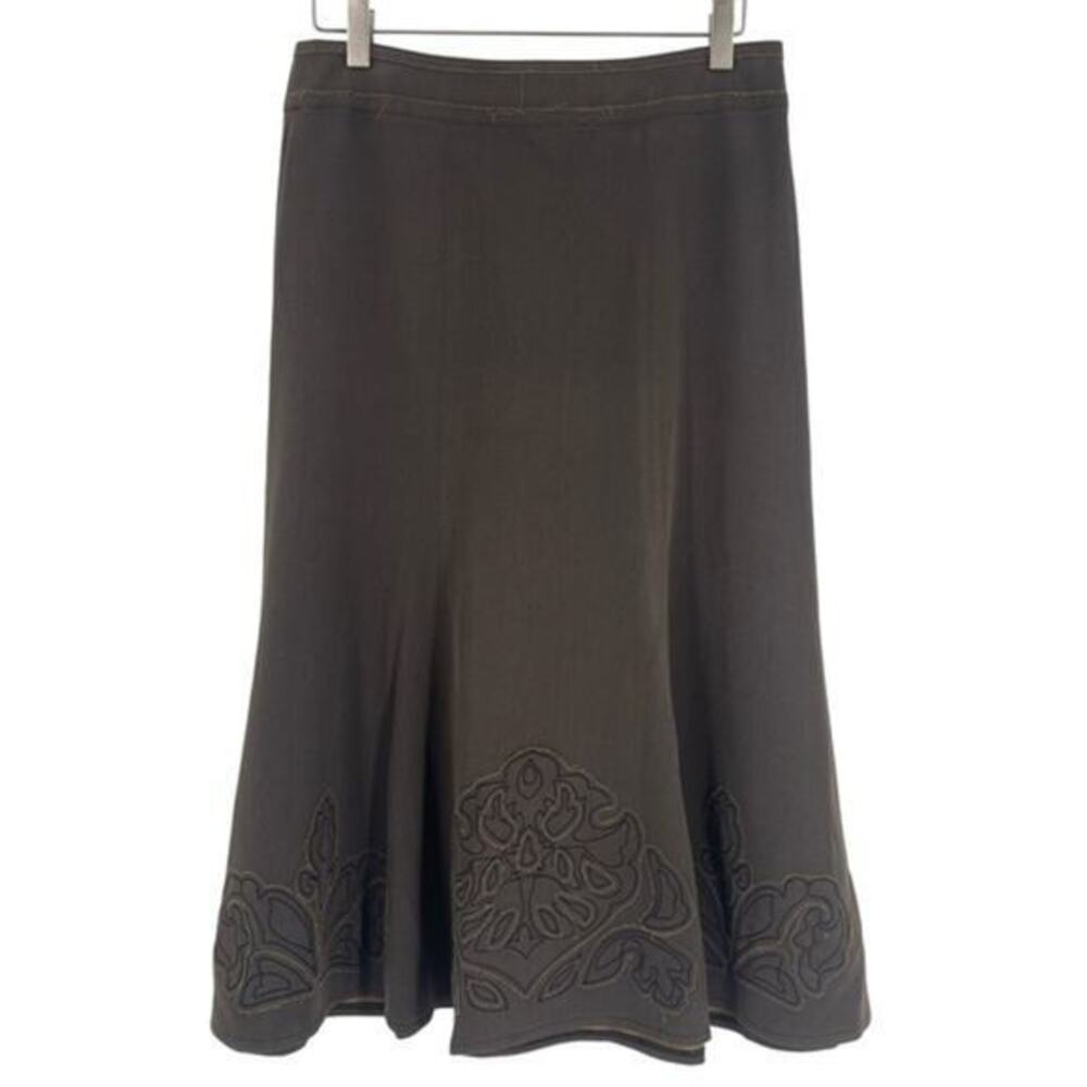 CAbi Brown A-Line Fluted Midi Skirt With Floral Applique Size 4
